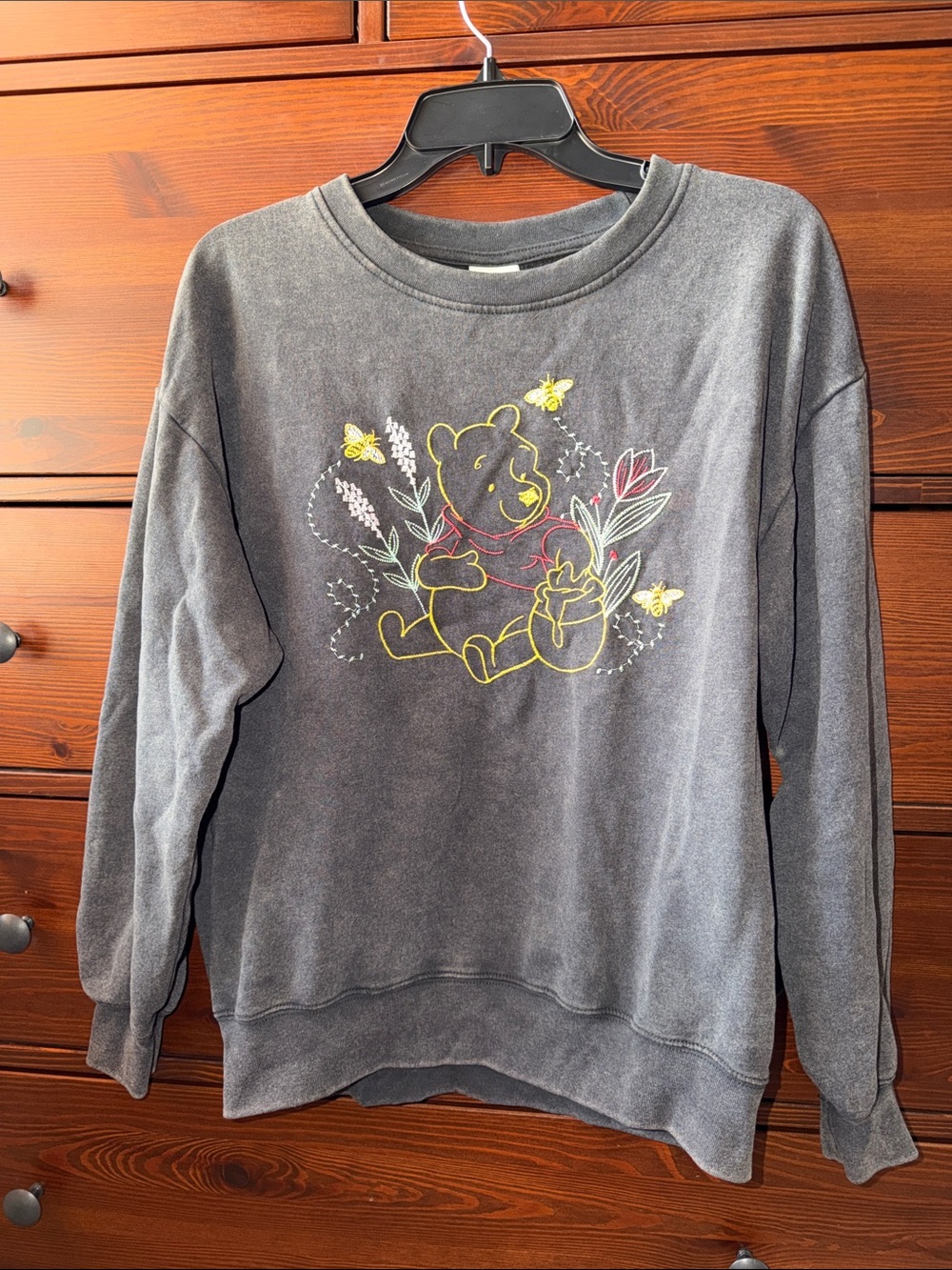 Women's Winnie the Pooh Embroidered Crewneck Sweatshirt Charcoal Gray XL